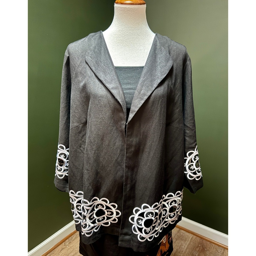 Bob Mackie Wearable Art Black Embroidered Linen Blend Jacket Women's 1X